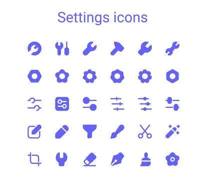 Tools mini solid icons set. Settings glyph simple icons. Stock-Illustration