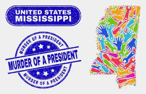 Tools Mississippi State Map and Scratched Murder of a President Seals Stockillustratie