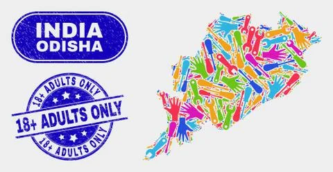 Tools Odisha State Map and Grunge 18+ Adults Only Seals 스톡 일러스트