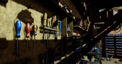 Tools organized on the wall of a workshop with dim lighting and shadows Stock Illustration