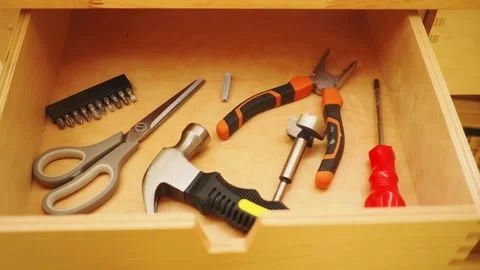 Tools organized in a workshop drawer Stock Footage 340056917