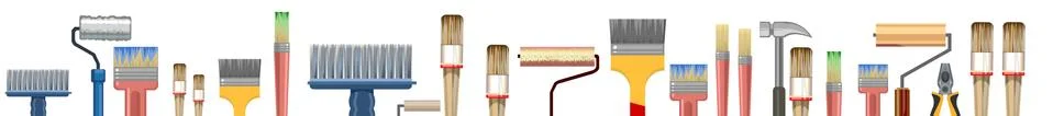 Tools painter, artist. Set. The background is horizontal. Lower. Brushes, rol Stock Illustration