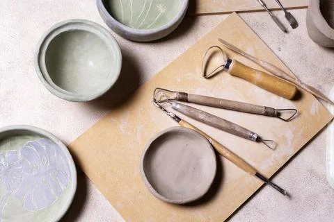 Tools pottery table. High quality and resolution beautiful photo concept Stock Photos