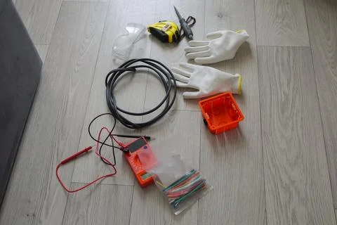 Tools Ready Safely. Electrical Work Essentials Prepared Now. Wiring Setup With Stock Photos