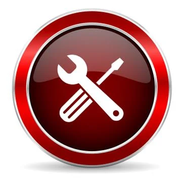 Tools red circle glossy web icon, round button with metallic border Stock Illustration