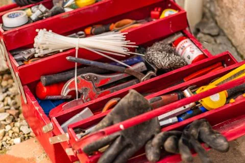 Tools in red toolbox Stock Photos