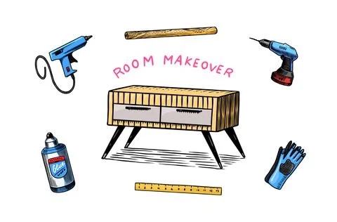 Tools for repair. Console Table. Wooden boards, drill and saw, box. DIY Stock Illustration
