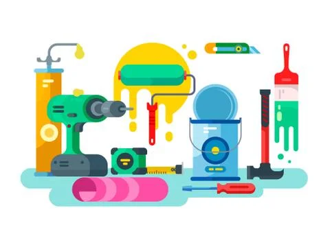 Tools for repair or construction paint and hammer Illustrazione stock