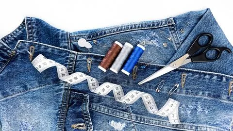 Tools for repairing jeans 스톡 사진