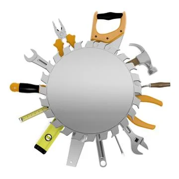 Tools with round metal sign and copy-space, isolated on white Stock Illustration