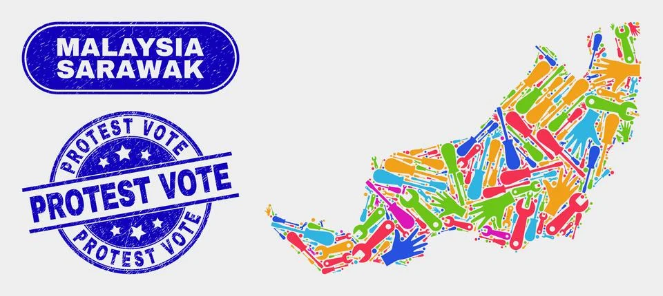 Tools Sarawak State Map and Distress Protest Vote Seals 스톡 일러스트
