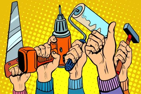Tools saw drill paint roller hammer Stock Illustration