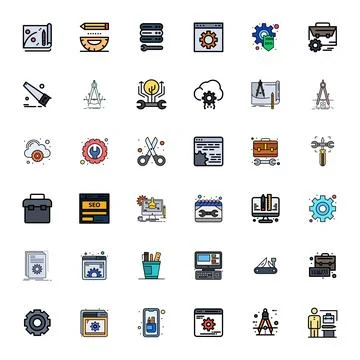 Tools Scalable Vector Set featuring 36 PIXEL Perfect Line Filled 128x128 Icon Stock Illustration