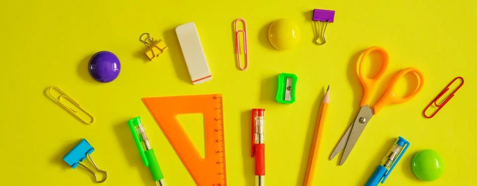 Tools for school creative work on a yellow background stationery, corondash p Stock Photos
