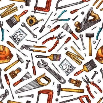 Tools seamless pattern of hammer, screwdriver, saw Stock Illustration