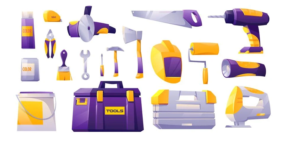 Tools set, hardware construction shop instruments Ilustración de archivo