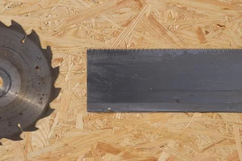 Tools set on osb panel with copy space. Carpenter workplace on wooden background Foto stock