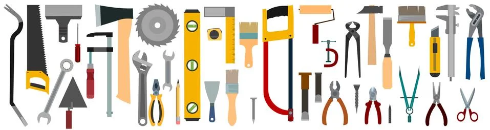 Tools Set. Vector. Isolated on white. Instruments of a carpenter, joiner, loc Stock Illustration