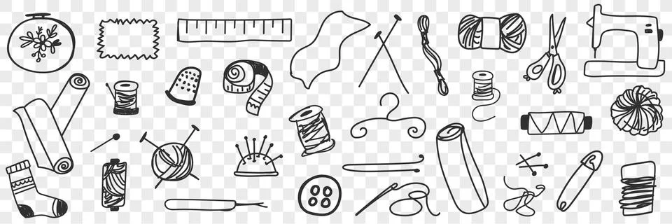 Tools for sewing doodle set Stock Illustration