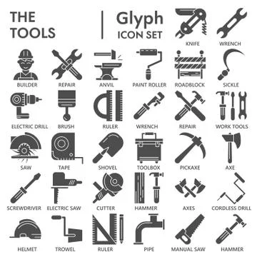 Tools solid icon set, repair equipment symbols collection or sketches. Working Stock Illustration