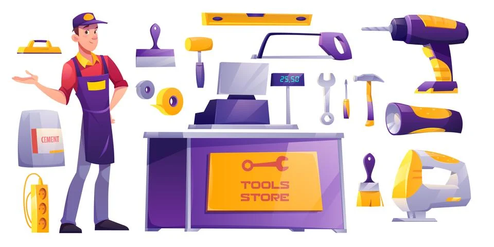 Tools store, hardware construction shop equipment Stock Illustration
