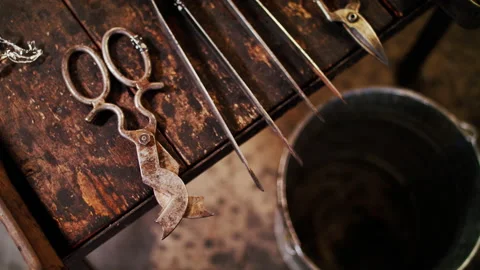 Tools on a table in a work shop Stock Footage 138403978