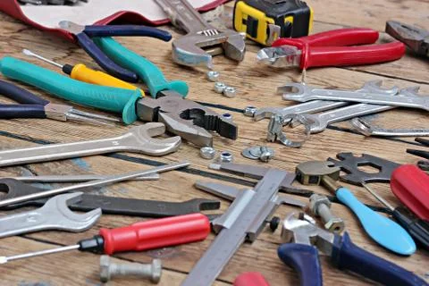 Tools on a timber floor. Foto stock