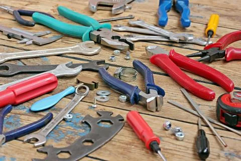 Tools on a timber floor. Foto stock