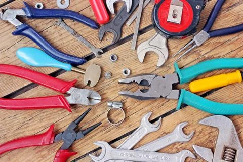 Tools on a timber floor. Foto stock