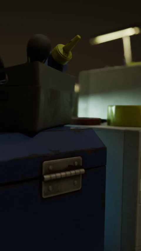 Tools in a toolbox on a blue surface in a workshop setting with a shelf Stock Footage 335093100