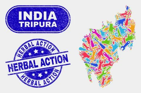 Tools Tripura State Map and Grunge Herbal Action Stamps 스톡 일러스트