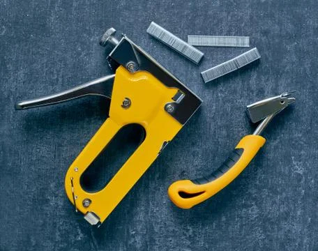 Tools for upholstery work, top view, close-up, stylized Stock Photos