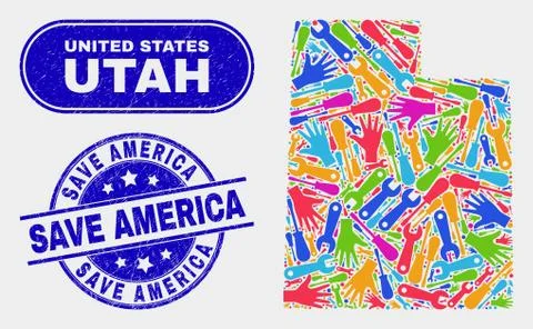Tools Utah State Map and Grunge Save America Stamp Seals Illustrazione stock