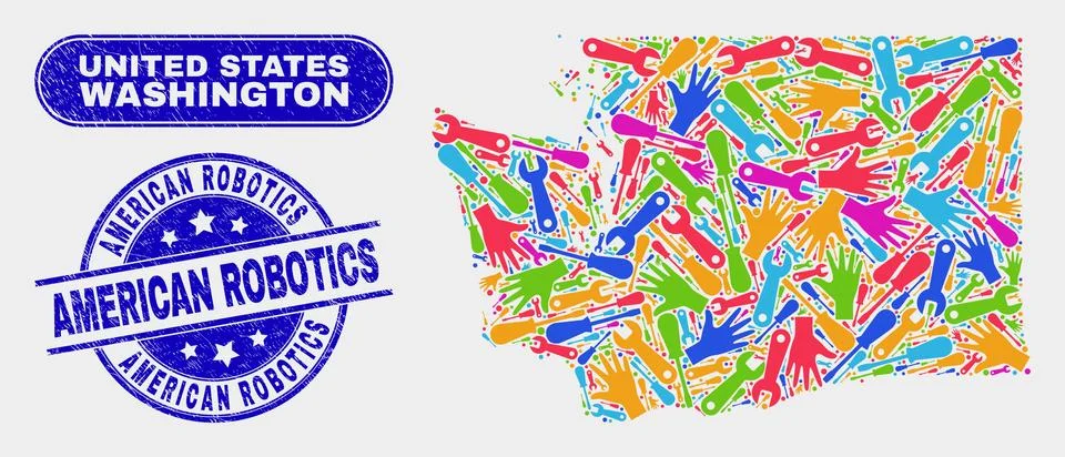 Tools Washington State Map and Scratched American Robotics Stamp Seals Illustrazione stock