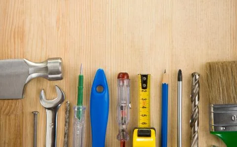 Tools on wood background Stock Photos