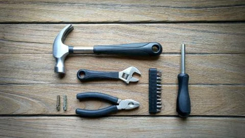 Tools on wood background Stock Photos