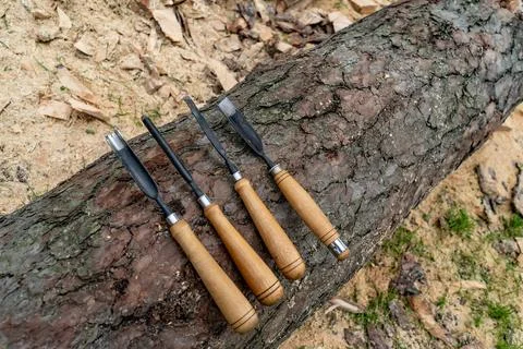 Tools for wood processing and artistic cutting, chisels and chisels. Stock Photos