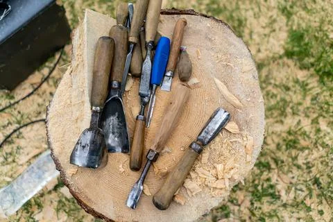 Tools for wood processing and artistic cutting, chisels and chisels. Stock Photos
