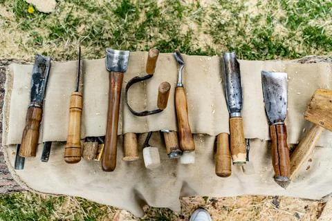 Tools for wood processing and artistic cutting, chisels and chisels. Stock Photos