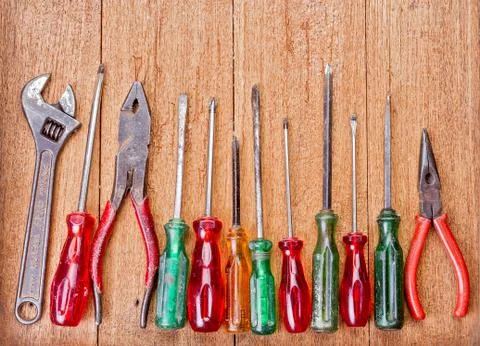 Tools on wooden background Stockfoto's