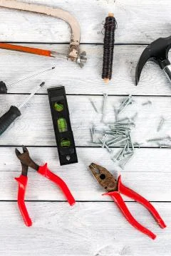 Tools on a wooden background Fotos Stock