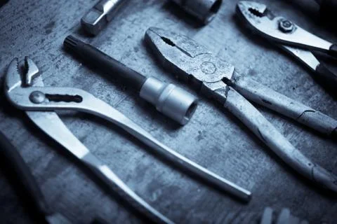 Tools on wooden plank Stock Photos