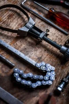 Tools on wooden plank Stock Photos