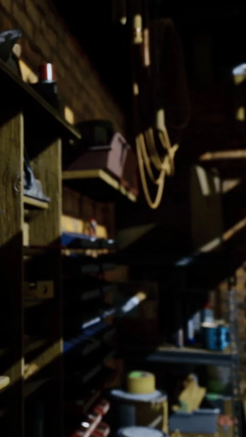 Tools on a wooden shelf in a workshop setting with natural light Vídeos de archivo 334182425