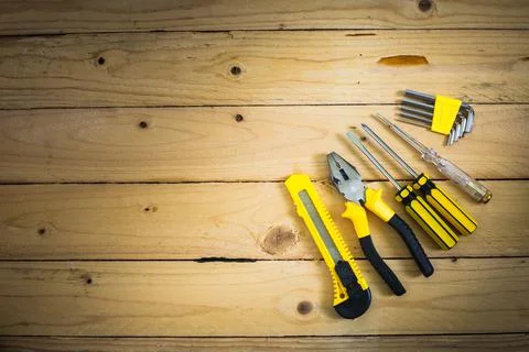 Tools on wooden table Foto stock