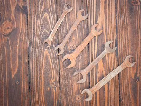 Tools on wooden table Stock Photos