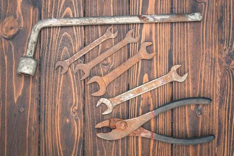 Tools on wooden table Stock Photos