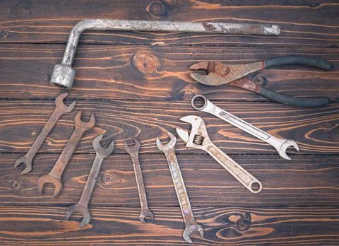 Tools on wooden table Stock Photos