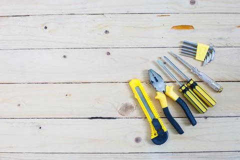 Tools on wooden table top view Foto stock