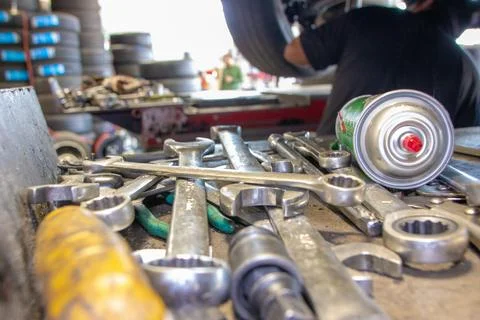 Tools on a workbench at a tire shop Stock Photos